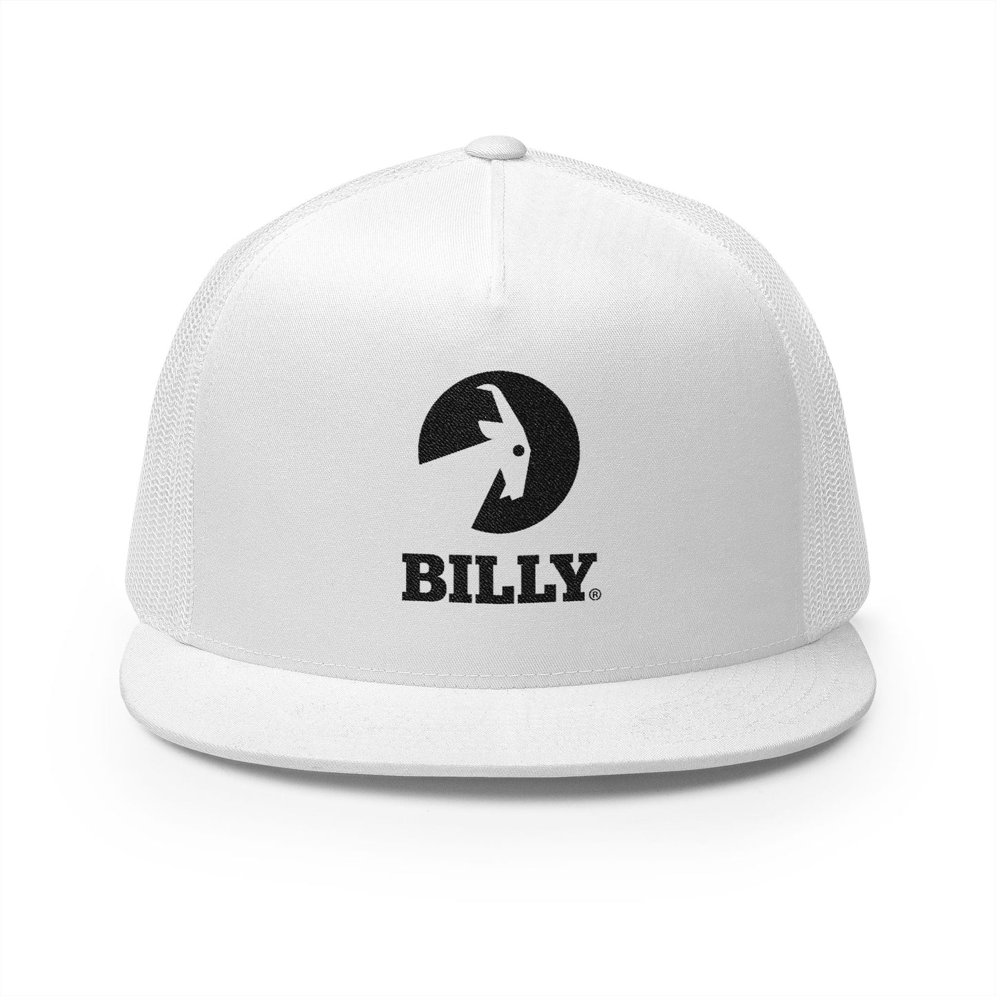 BILLY 5 Panel Flat Bill Trucker Cap (Black Vertical Logo - Embroidery) — AVAILABLE IN 10 COLORS