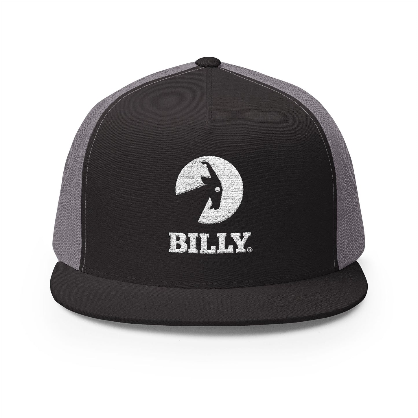 BILLY 5 Panel Flat Bill Trucker Cap (White Vertical Logo - Embroidery) — AVAILABLE IN 13 COLORS