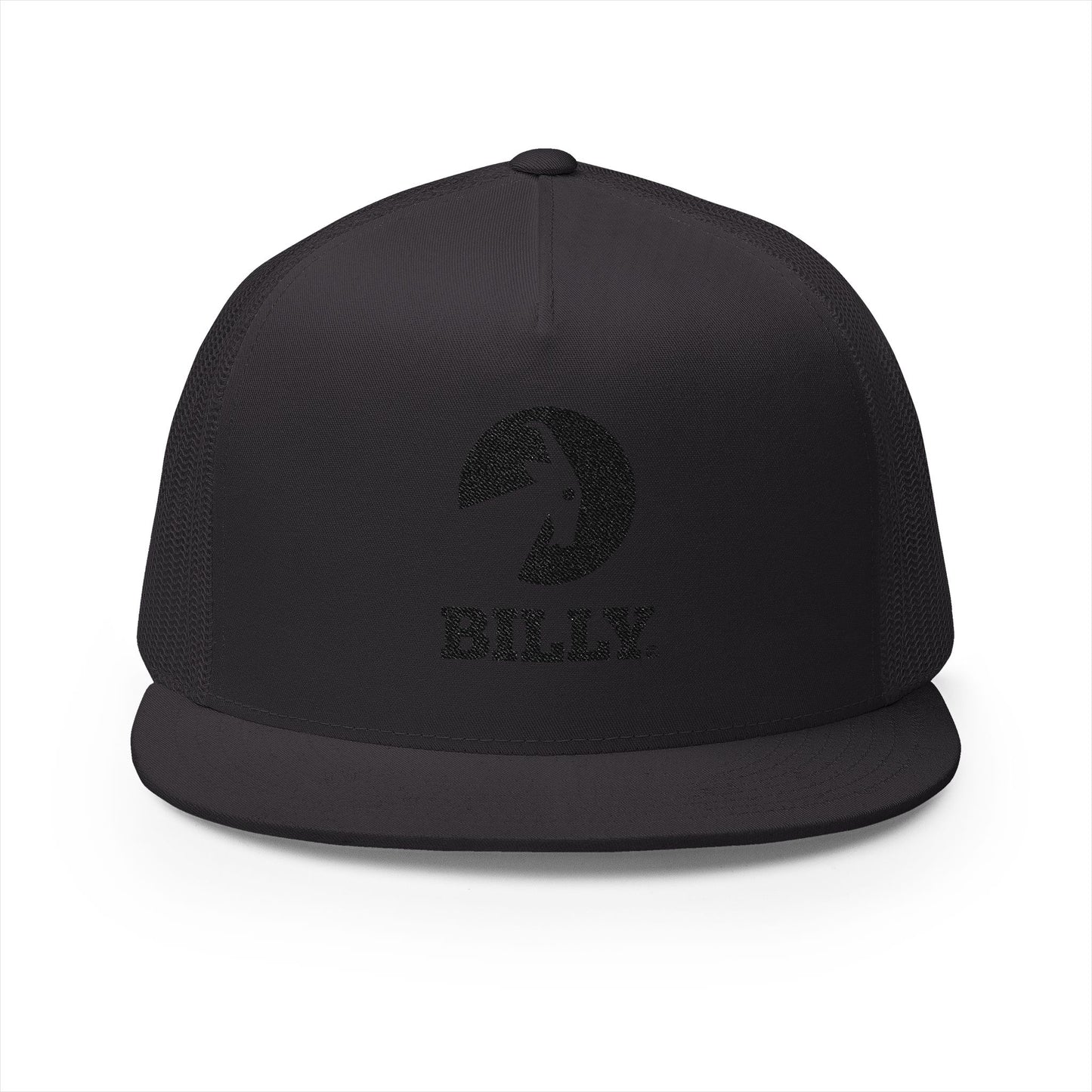 BILLY 5 Panel Flat Bill Trucker Cap (Black Vertical Logo - Embroidery) — AVAILABLE IN 10 COLORS