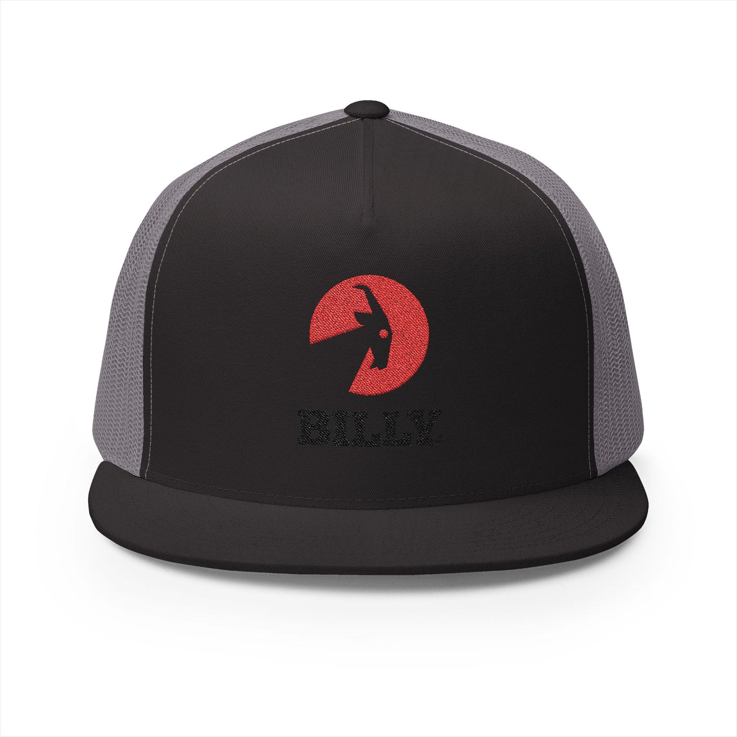 BILLY 5 Panel Flat Bill Trucker Cap (Red/Black Vertical Logo - Embroidery) — AVAILABLE IN 12 COLORS