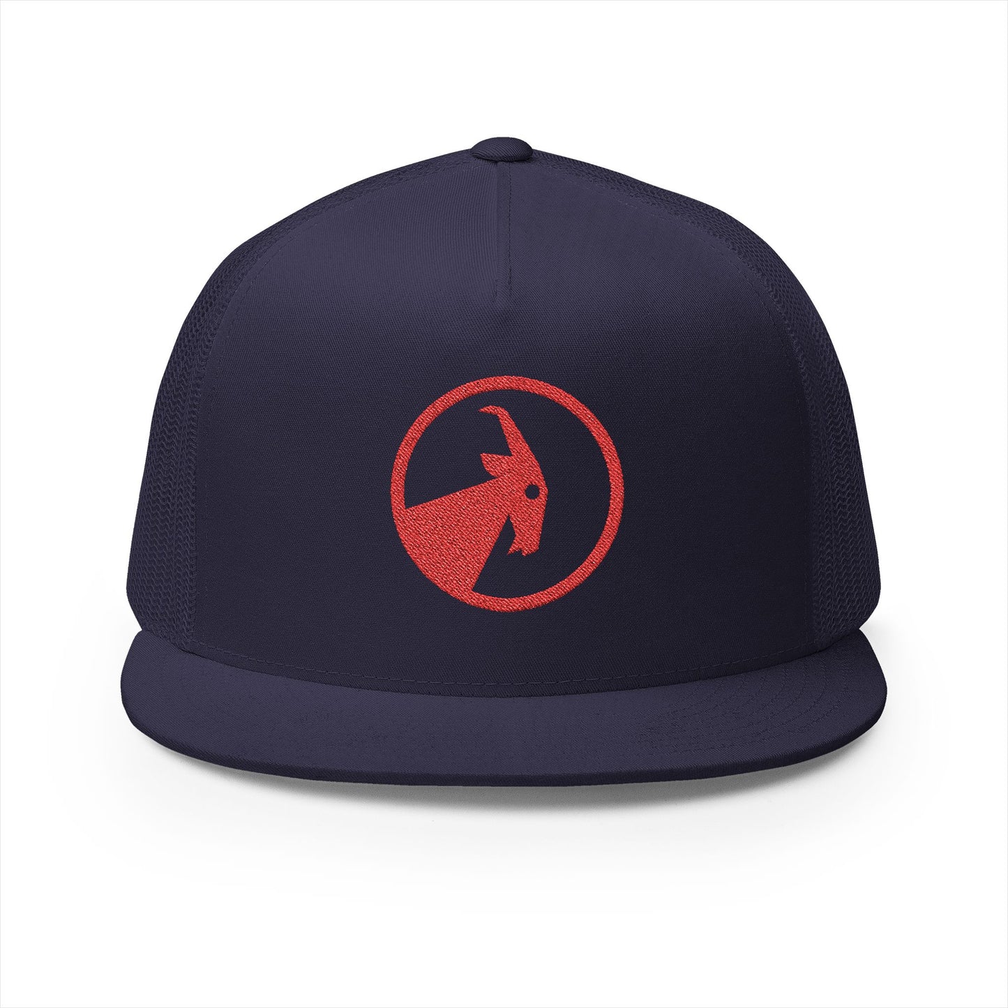 BILLY 5 Panel Flat Bill Trucker Cap (Red Goat - Embroidery) — AVAILABLE IN 13 COLORS