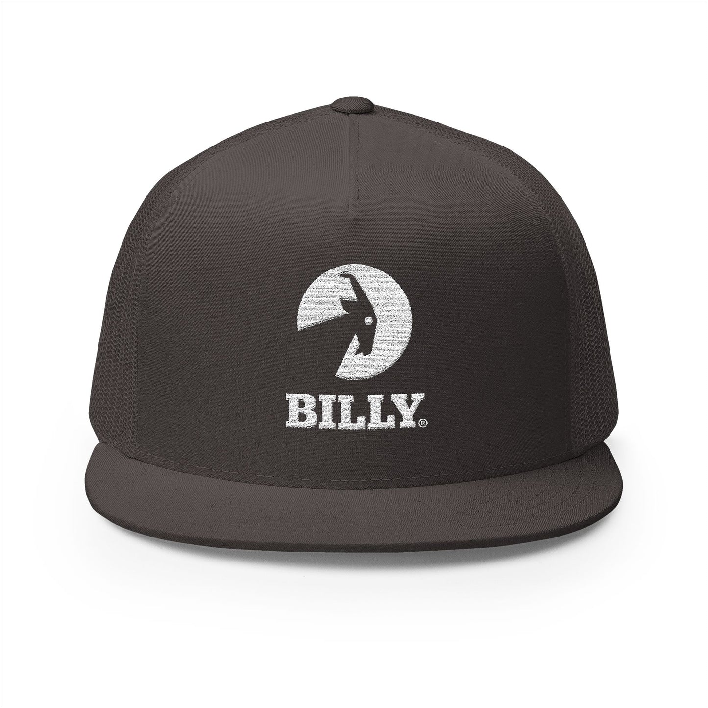 BILLY 5 Panel Flat Bill Trucker Cap (White Vertical Logo - Embroidery) — AVAILABLE IN 13 COLORS