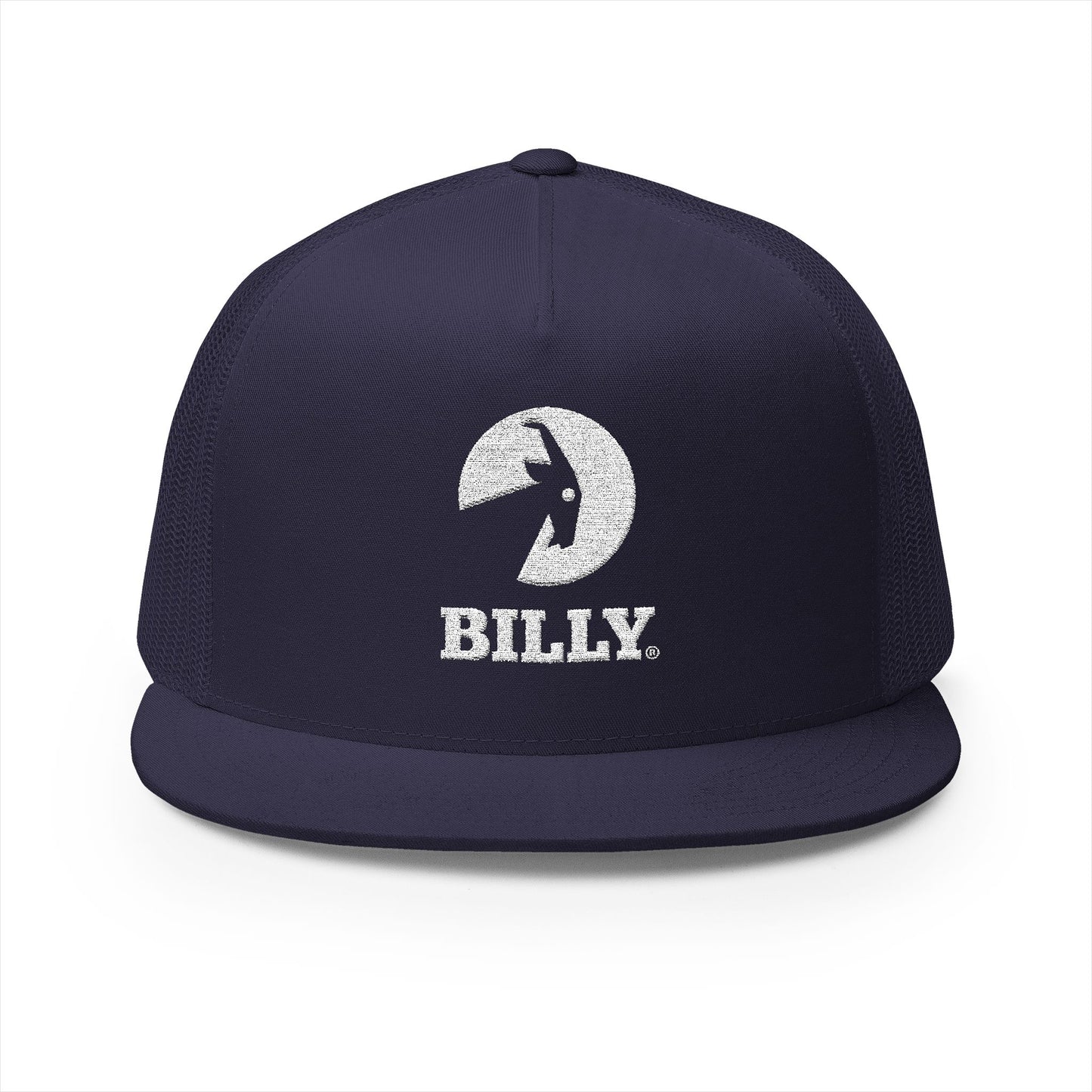 BILLY 5 Panel Flat Bill Trucker Cap (White Vertical Logo - Embroidery) — AVAILABLE IN 13 COLORS