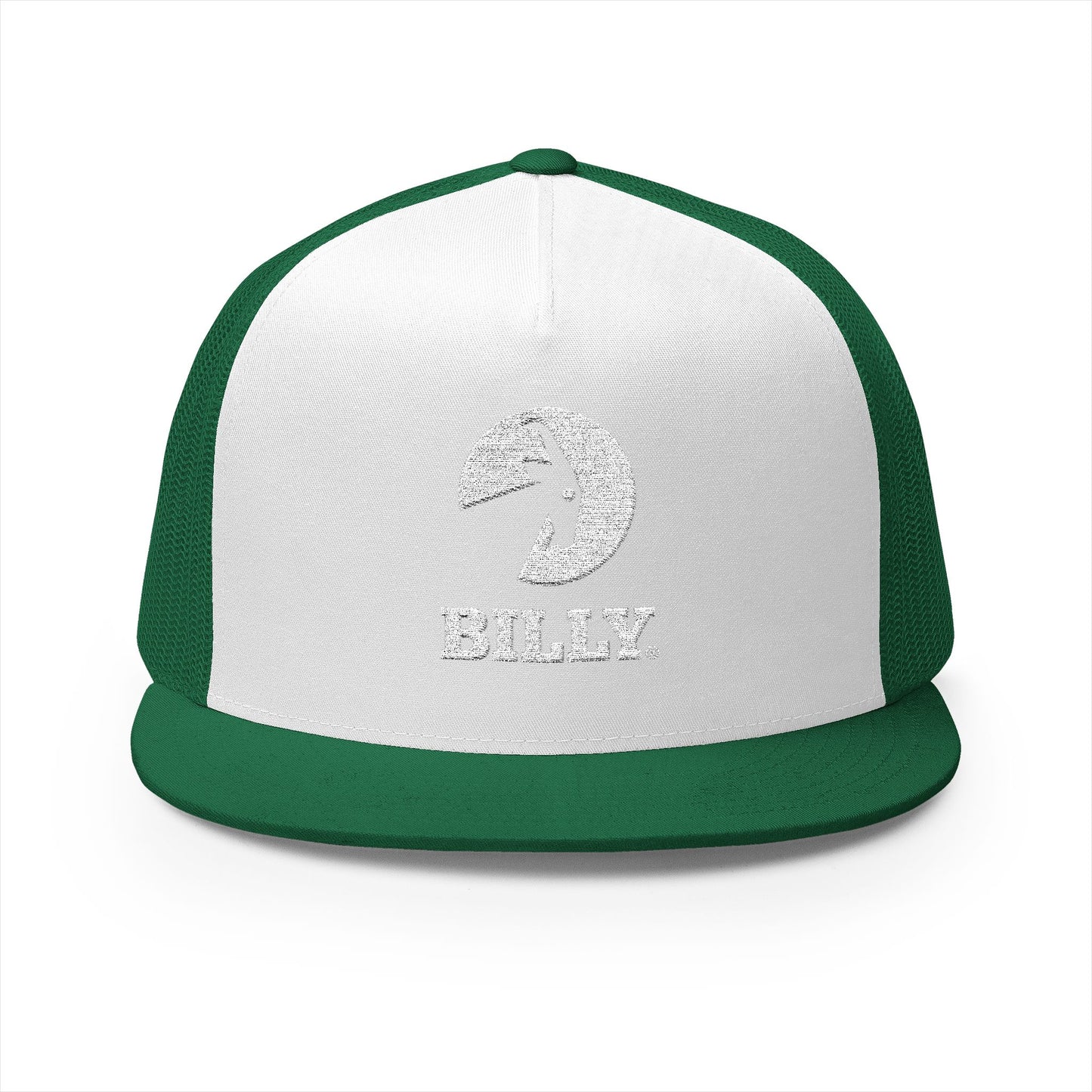 BILLY 5 Panel Flat Bill Trucker Cap (White Vertical Logo - Embroidery) — AVAILABLE IN 13 COLORS