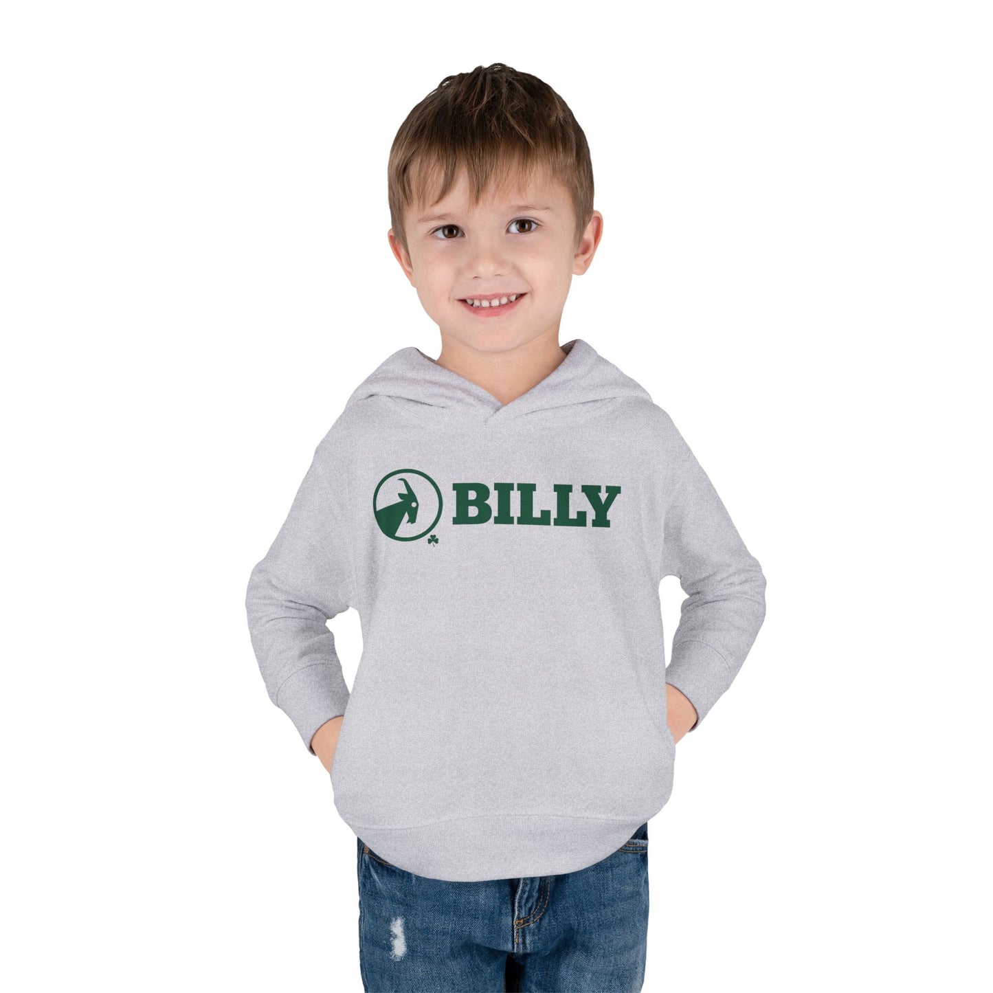 Child wearing a grey hoodie with green 'BILLY' logo on a white background
