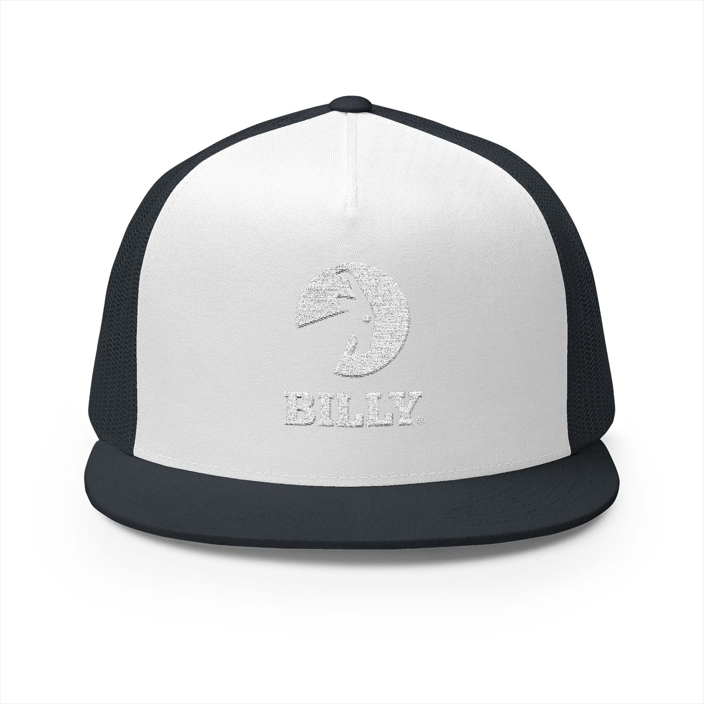 BILLY 5 Panel Flat Bill Trucker Cap (White Vertical Logo - Embroidery) — AVAILABLE IN 13 COLORS