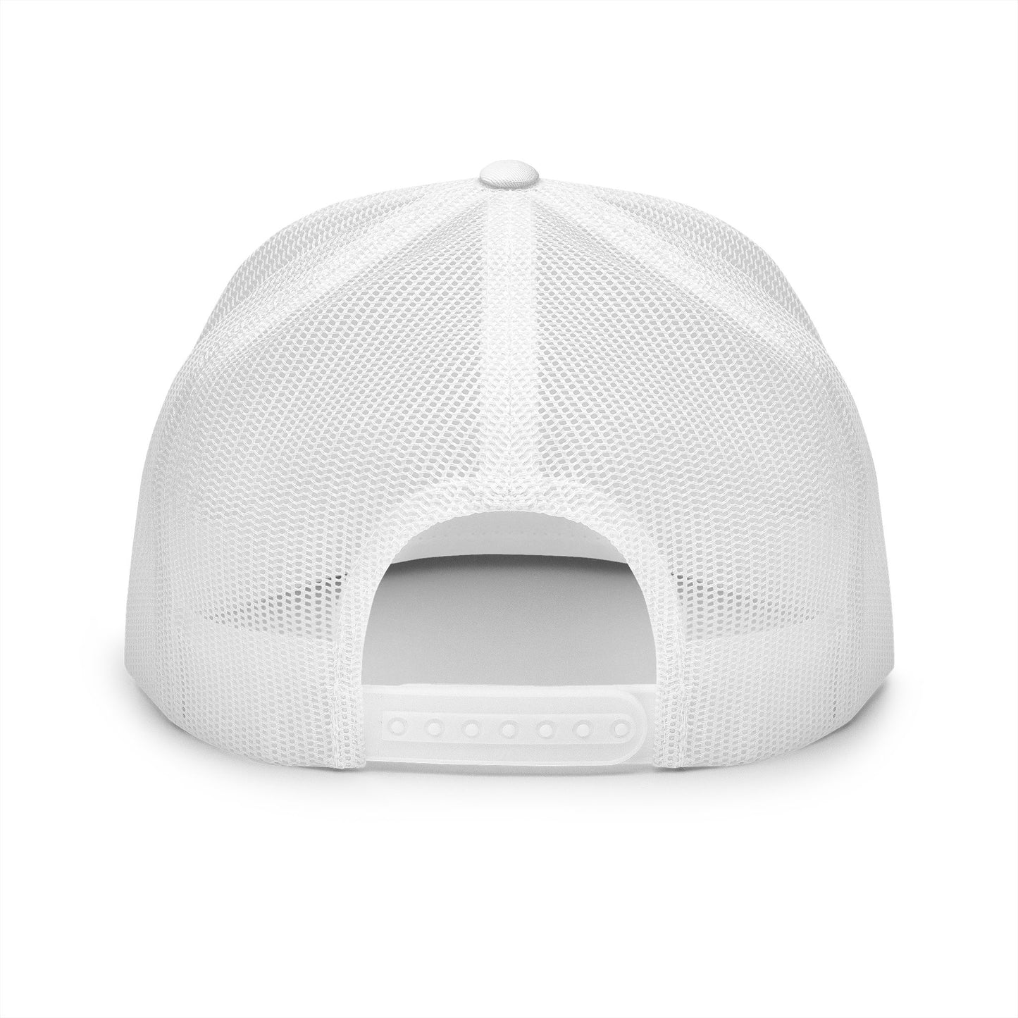 BILLY 5 Panel Flat Bill Trucker Cap (White Vertical Logo - Embroidery) — AVAILABLE IN 13 COLORS