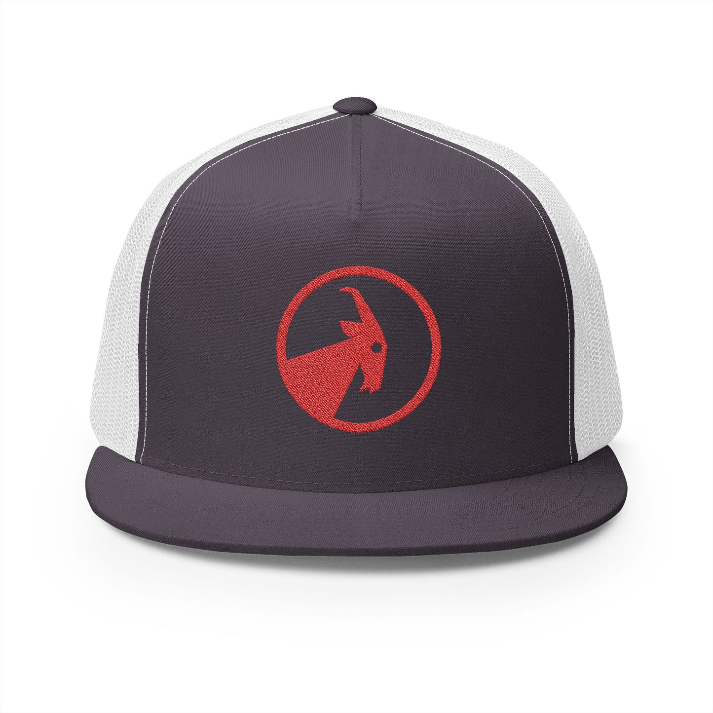 BILLY 5 Panel Flat Bill Trucker Cap (Red Goat - Embroidery) — AVAILABLE IN 13 COLORS