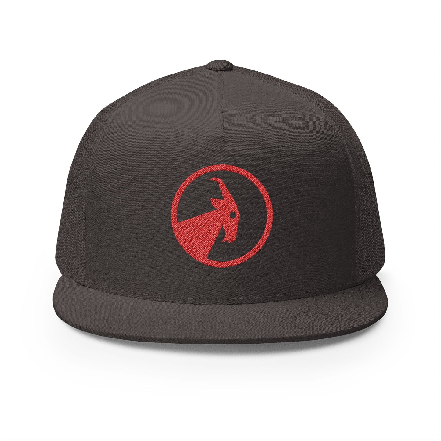 BILLY 5 Panel Flat Bill Trucker Cap (Red Goat - Embroidery) — AVAILABLE IN 13 COLORS