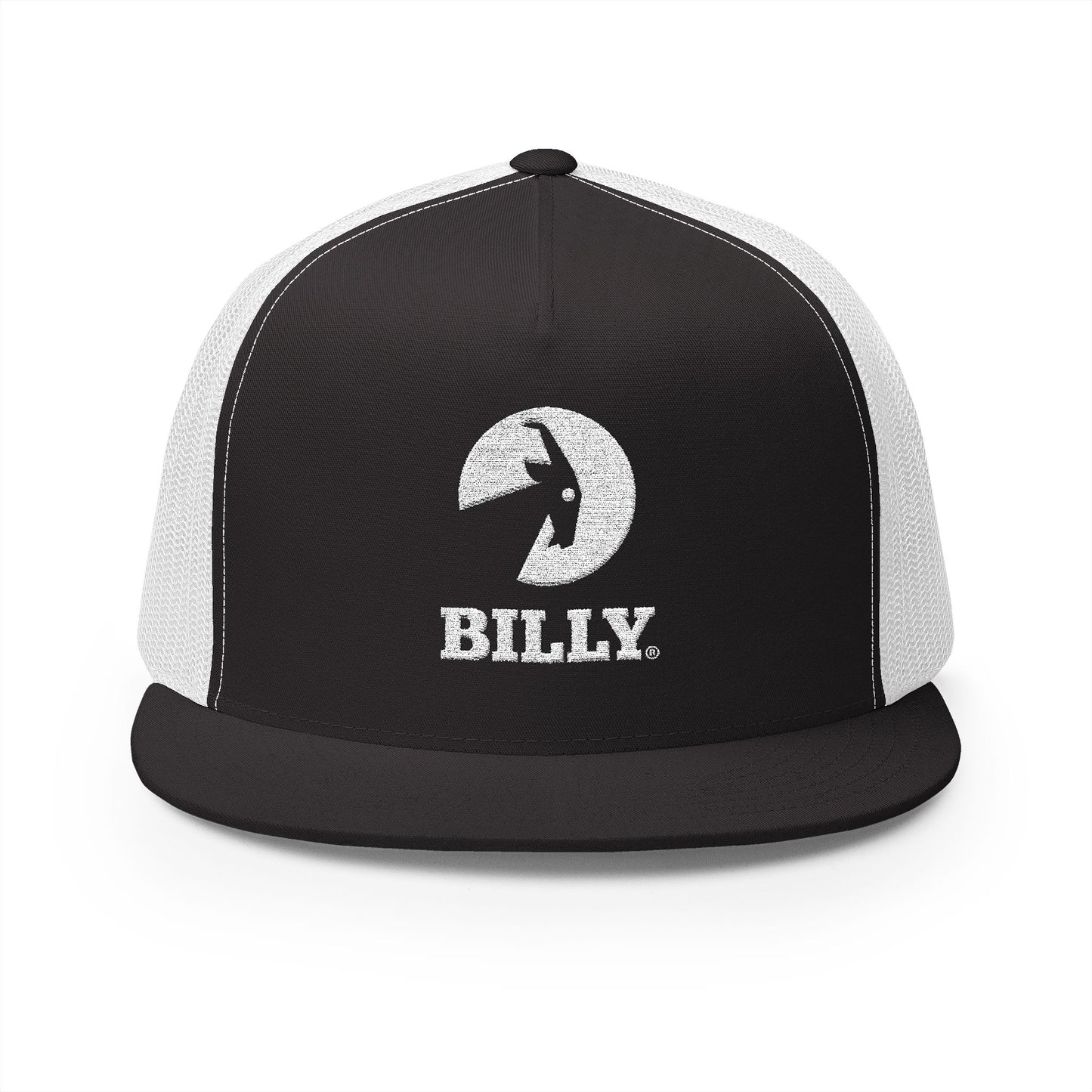 BILLY 5 Panel Flat Bill Trucker Cap (White Vertical Logo - Embroidery) — AVAILABLE IN 13 COLORS
