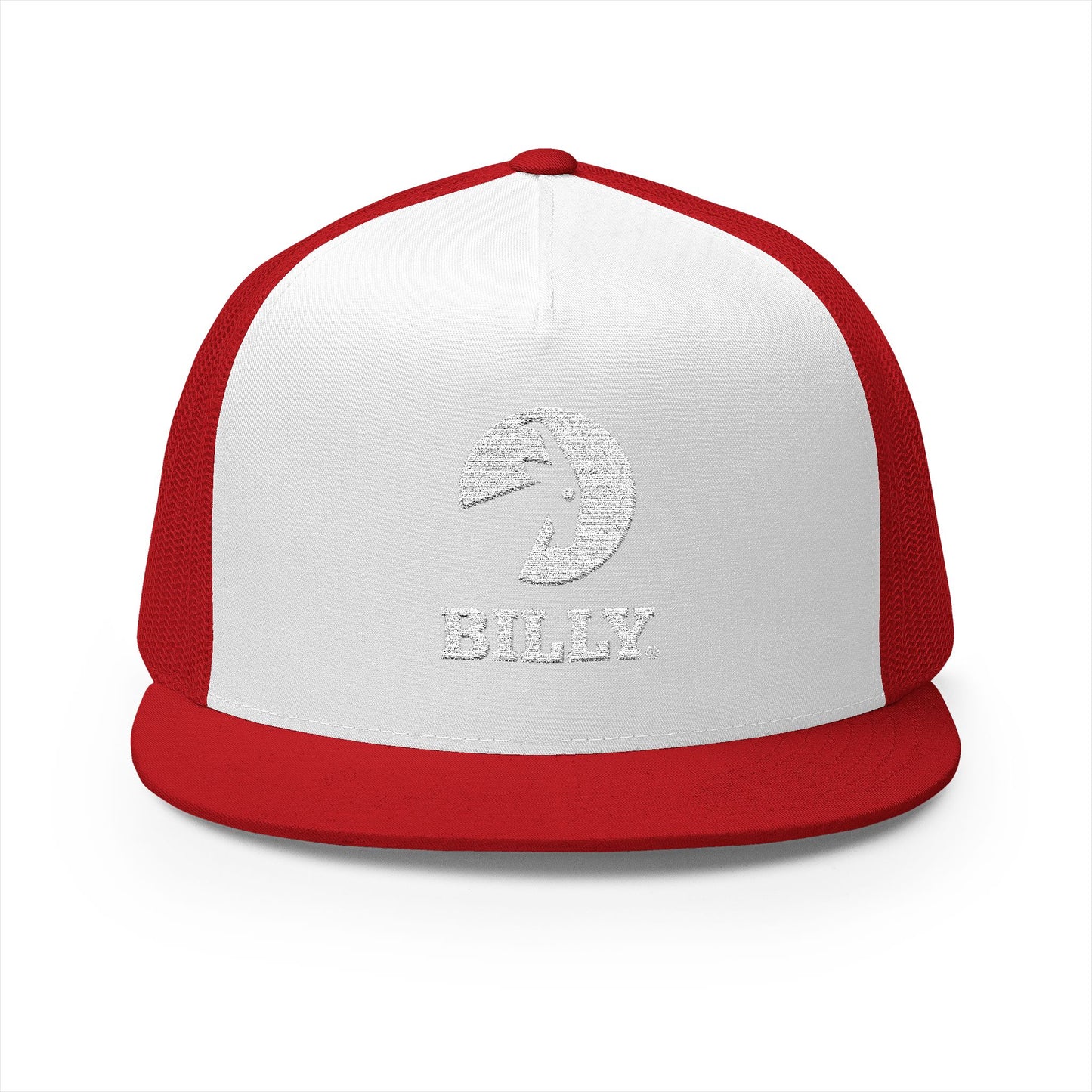 BILLY 5 Panel Flat Bill Trucker Cap (White Vertical Logo - Embroidery) — AVAILABLE IN 13 COLORS