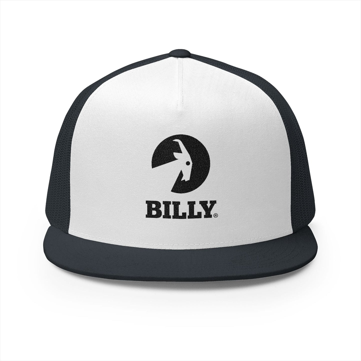 BILLY 5 Panel Flat Bill Trucker Cap (Black Vertical Logo - Embroidery) — AVAILABLE IN 10 COLORS