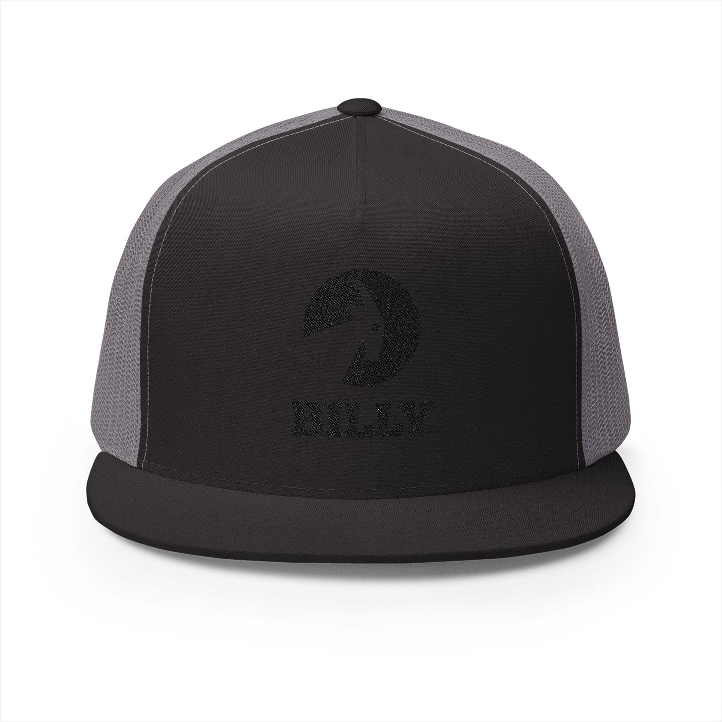BILLY 5 Panel Flat Bill Trucker Cap (Black Vertical Logo - Embroidery) — AVAILABLE IN 10 COLORS