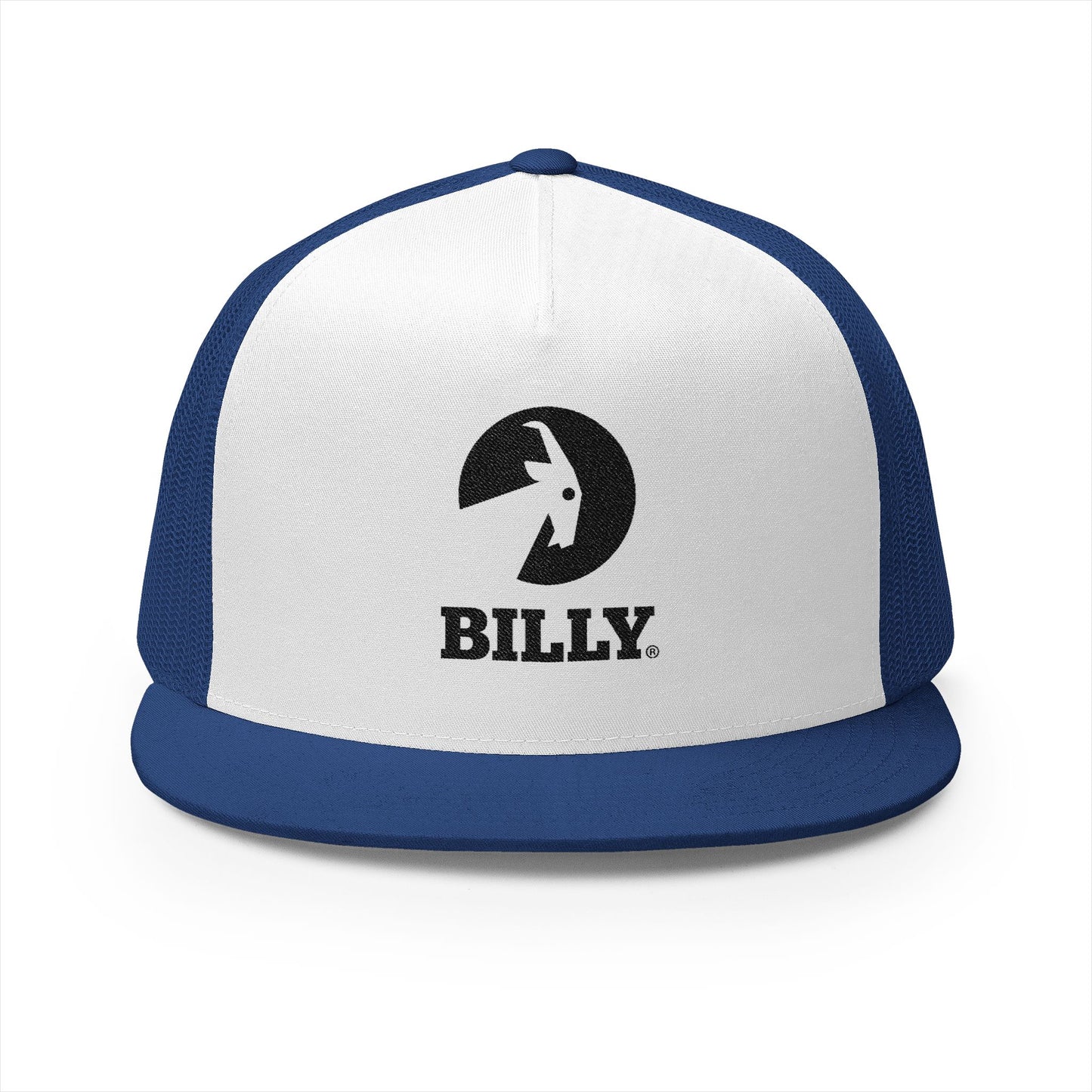 BILLY 5 Panel Flat Bill Trucker Cap (Black Vertical Logo - Embroidery) — AVAILABLE IN 10 COLORS