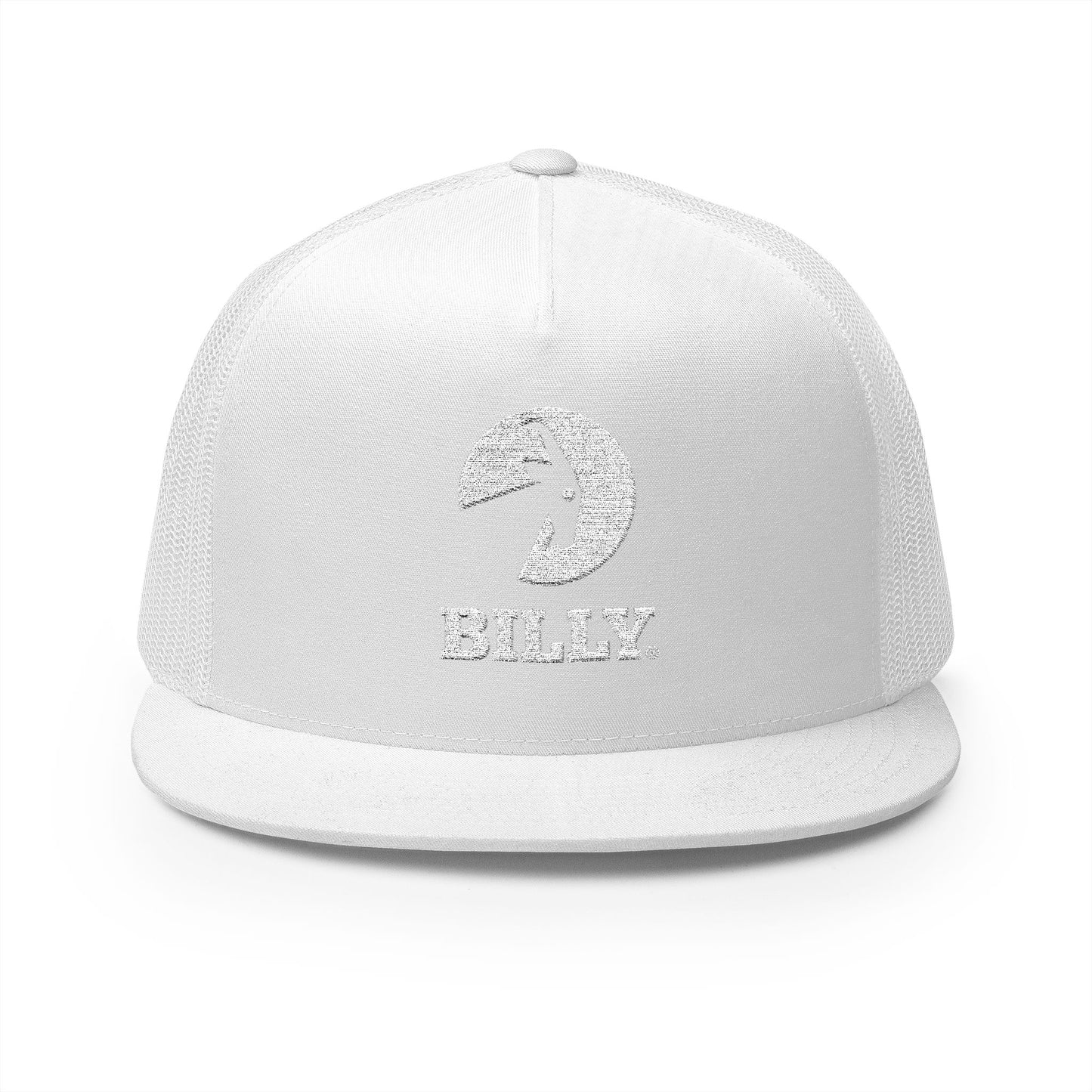 BILLY 5 Panel Flat Bill Trucker Cap (White Vertical Logo - Embroidery) — AVAILABLE IN 13 COLORS