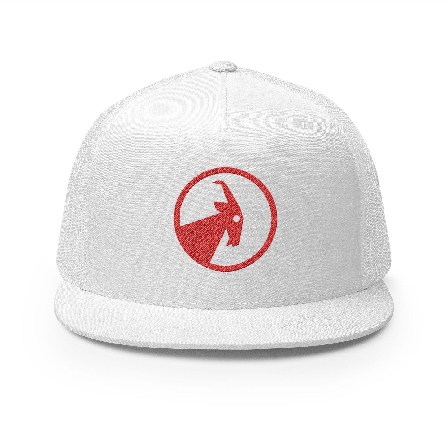 BILLY 5 Panel Flat Bill Trucker Cap (Red Goat - Embroidery) — AVAILABLE IN 13 COLORS