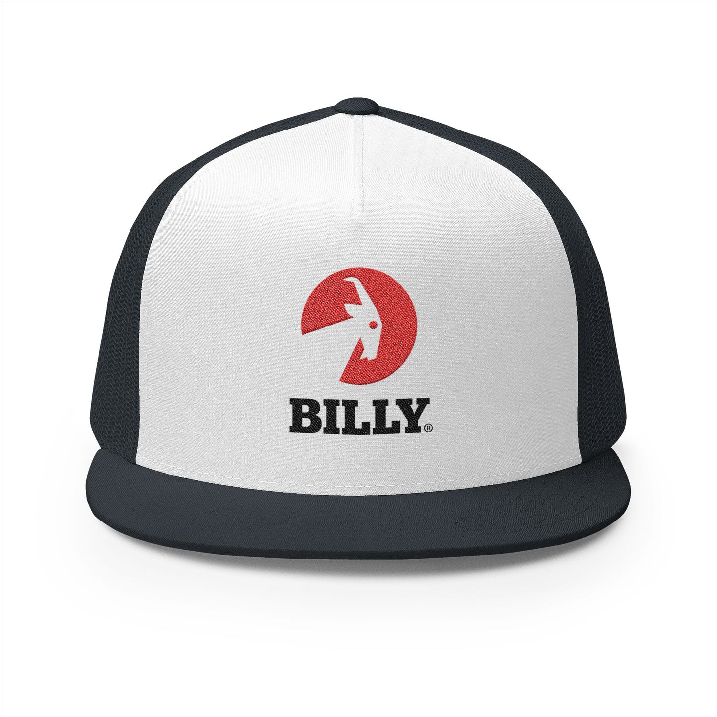 BILLY 5 Panel Flat Bill Trucker Cap (Red/Black Vertical Logo - Embroidery) — AVAILABLE IN 12 COLORS