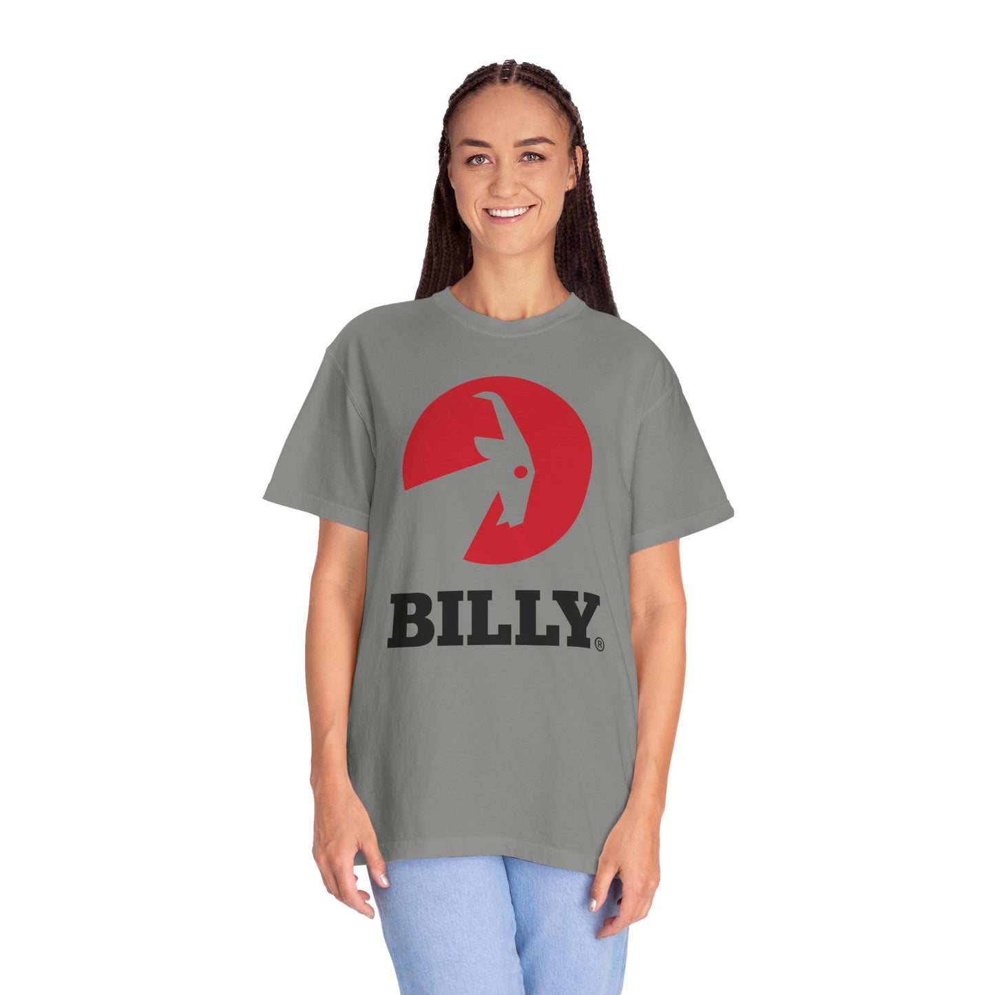 BILLY Unisex Garment-Dyed T-Shirt (Black/Red Vertical Logo)