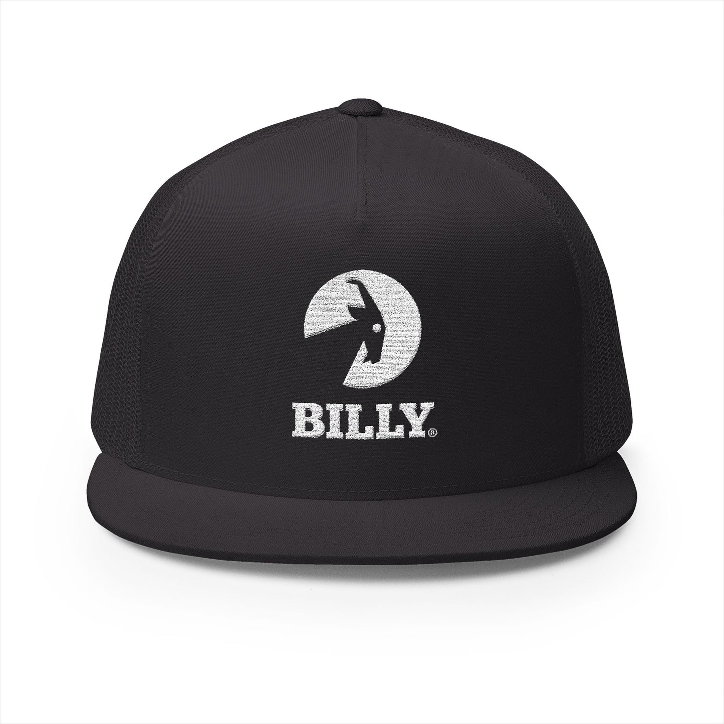 BILLY 5 Panel Flat Bill Trucker Cap (White Vertical Logo - Embroidery) — AVAILABLE IN 13 COLORS