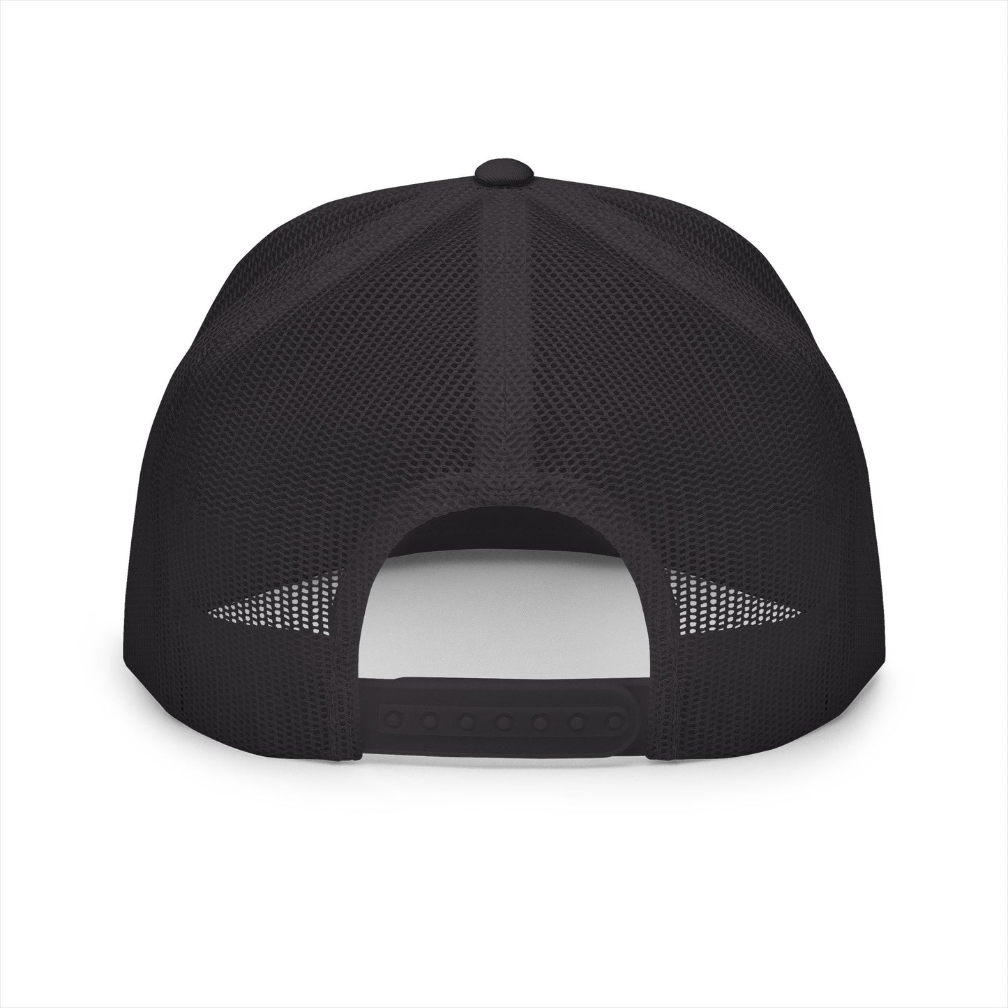 BILLY 5 Panel Flat Bill Trucker Cap (Black Vertical Logo - Embroidery) — AVAILABLE IN 10 COLORS