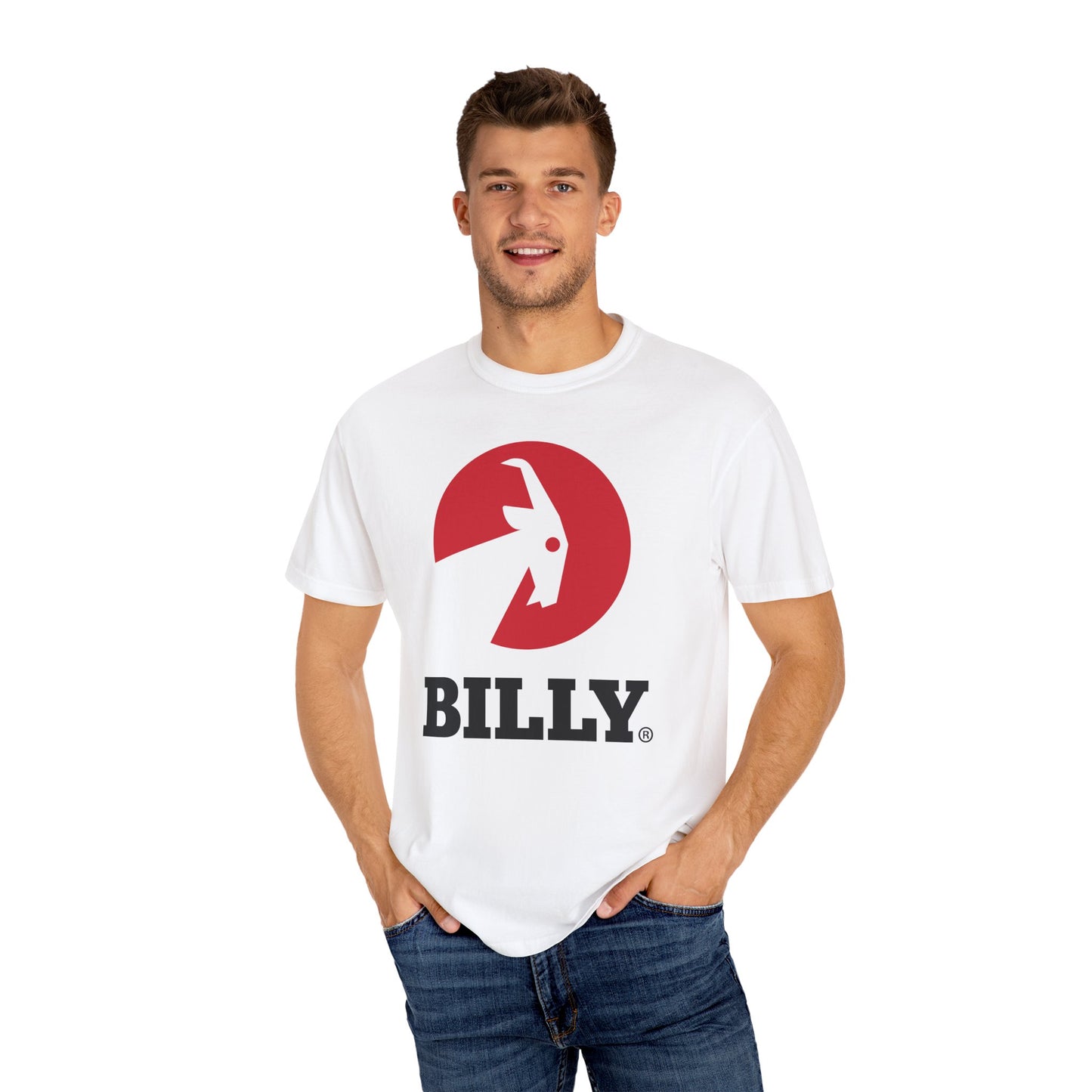 BILLY Unisex Garment-Dyed T-Shirt (Black/Red Vertical Logo)