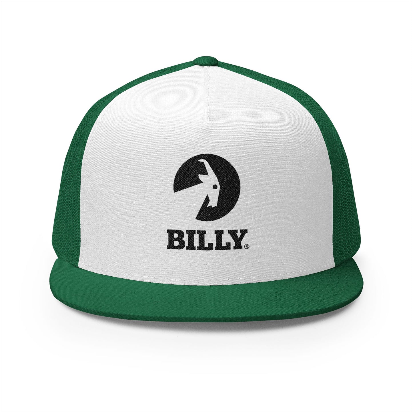 BILLY 5 Panel Flat Bill Trucker Cap (Black Vertical Logo - Embroidery) — AVAILABLE IN 10 COLORS
