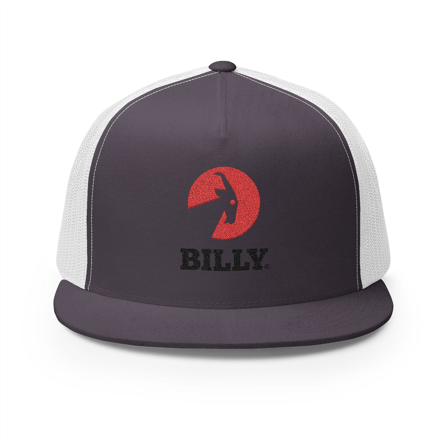 BILLY 5 Panel Flat Bill Trucker Cap (Red/Black Vertical Logo - Embroidery) — AVAILABLE IN 12 COLORS