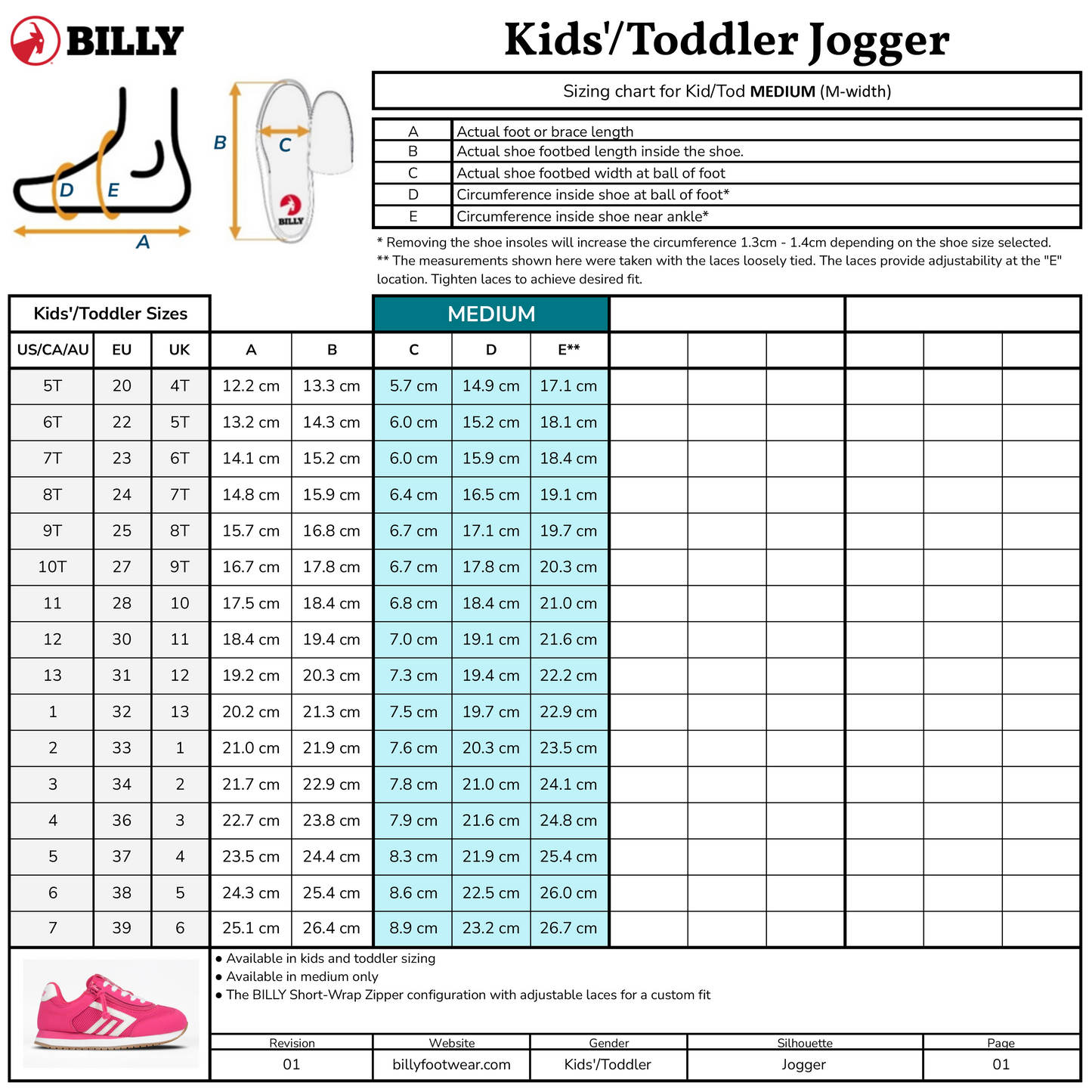 BILLY Footwear Kids'/Toddler Retro Jogger sizing chart with foot diagram, measuring tips, US/CAN, EU, UK size comparison, and foot/shoe measurements. Retro Jogger shown.