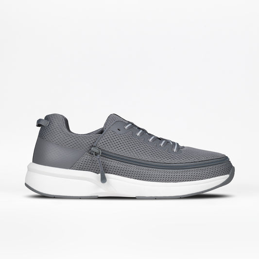 A men's charcoal gray casual shoe with zipper and lace-up closure and a low heel.