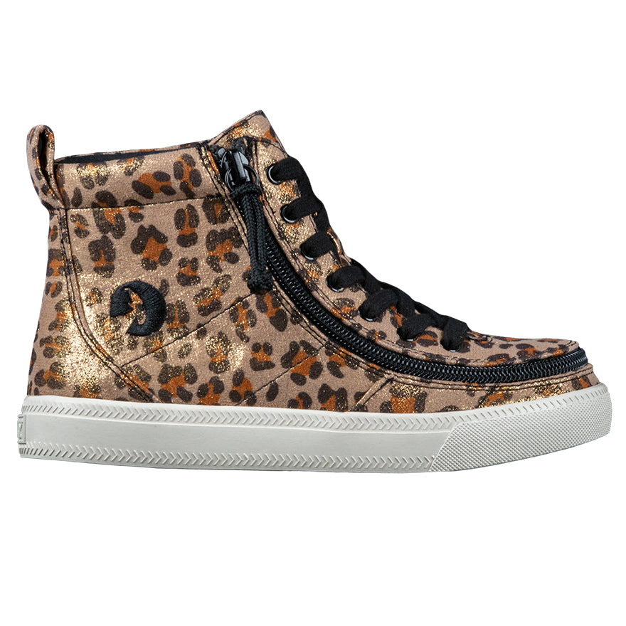 Kid's Leopard Shimmer BILLY Classic Lace Highs, zipper shoes, like velcro, that are adaptive, accessible, inclusive and use universal design to accommodate an afo. Footwear is medium and wide width, M, D and EEE, are comfortable, and come in toddler, kids, mens, and womens sizing.