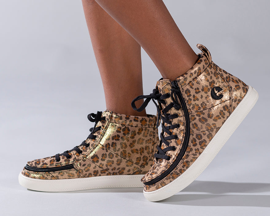 Kid's Leopard Shimmer BILLY Classic Lace Highs, zipper shoes, like velcro, that are adaptive, accessible, inclusive and use universal design to accommodate an afo. Footwear is medium and wide width, M, D and EEE, are comfortable, and come in toddler, kids, mens, and womens sizing.