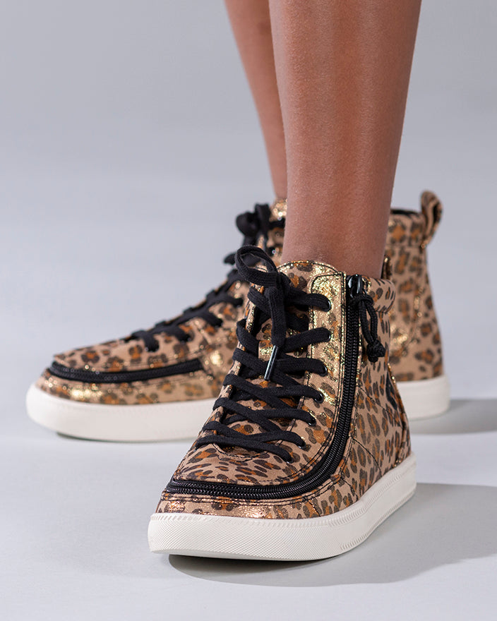Kid's Leopard Shimmer BILLY Classic Lace Highs, zipper shoes, like velcro, that are adaptive, accessible, inclusive and use universal design to accommodate an afo. Footwear is medium and wide width, M, D and EEE, are comfortable, and come in toddler, kids, mens, and womens sizing.
