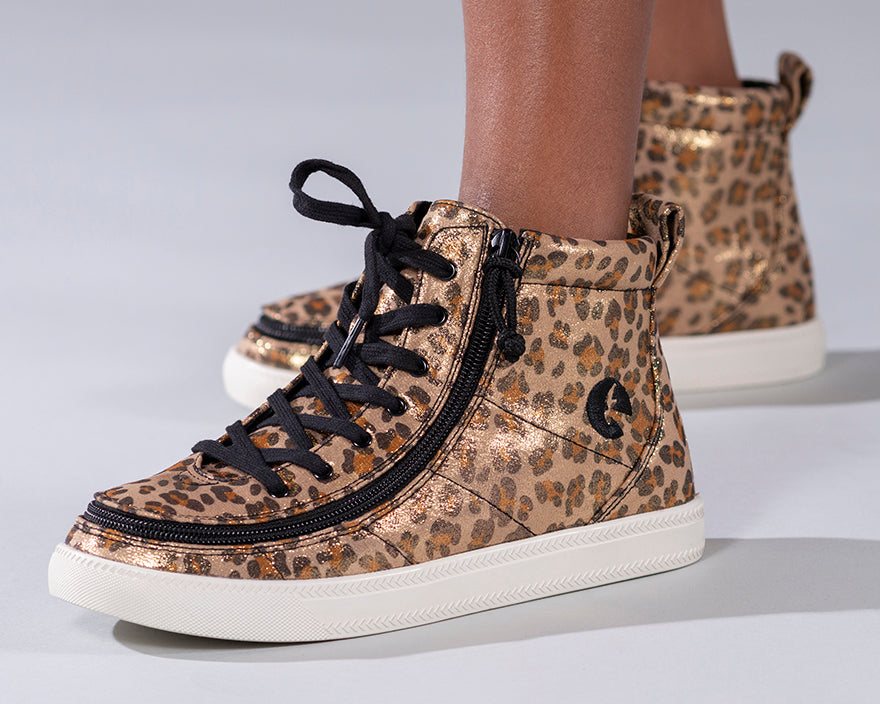 Kid's Leopard Shimmer BILLY Classic Lace Highs, zipper shoes, like velcro, that are adaptive, accessible, inclusive and use universal design to accommodate an afo. Footwear is medium and wide width, M, D and EEE, are comfortable, and come in toddler, kids, mens, and womens sizing.