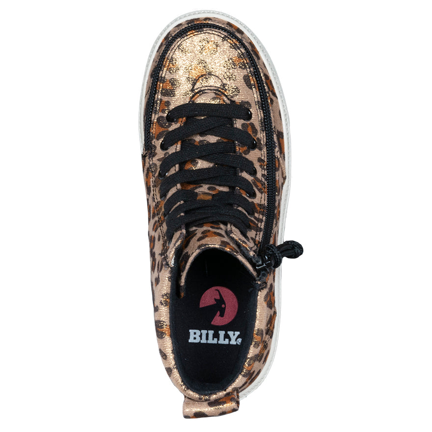 Kid's Leopard Shimmer BILLY Classic Lace Highs, zipper shoes, like velcro, that are adaptive, accessible, inclusive and use universal design to accommodate an afo. Footwear is medium and wide width, M, D and EEE, are comfortable, and come in toddler, kids, mens, and womens sizing.