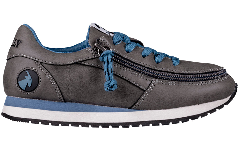 Kid's Grey/Blue BILLY Joggers, zipper shoes, like velcro, that are adaptive, accessible, inclusive and use universal design to accommodate an afo. BILLY Footwear is medium and wide width, M, D and EEE, are comfortable, and come in toddler, kids, mens, and womens sizing.
