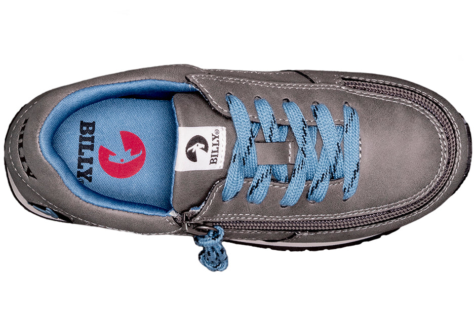 Kid's Grey/Blue BILLY Joggers, zipper shoes, like velcro, that are adaptive, accessible, inclusive and use universal design to accommodate an afo. BILLY Footwear is medium and wide width, M, D and EEE, are comfortable, and come in toddler, kids, mens, and womens sizing.