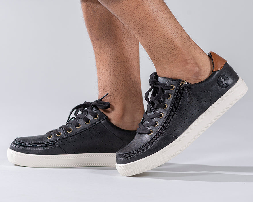 Men's Black BILLY Low Sneakers, zipper shoes, like velcro, that are adaptive, accessible, inclusive and use universal design to accommodate an afo. Footwear is medium and wide width, M, D and EEE, are comfortable, and come in toddler, kids, mens, and womens sizing.