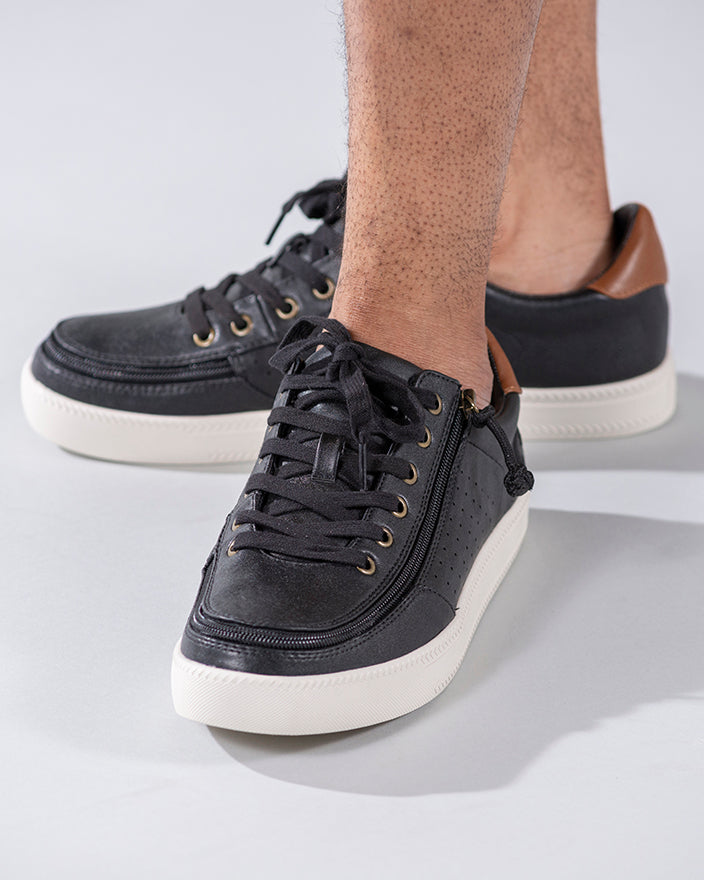 Men's Black BILLY Low Sneakers, zipper shoes, like velcro, that are adaptive, accessible, inclusive and use universal design to accommodate an afo. Footwear is medium and wide width, M, D and EEE, are comfortable, and come in toddler, kids, mens, and womens sizing.