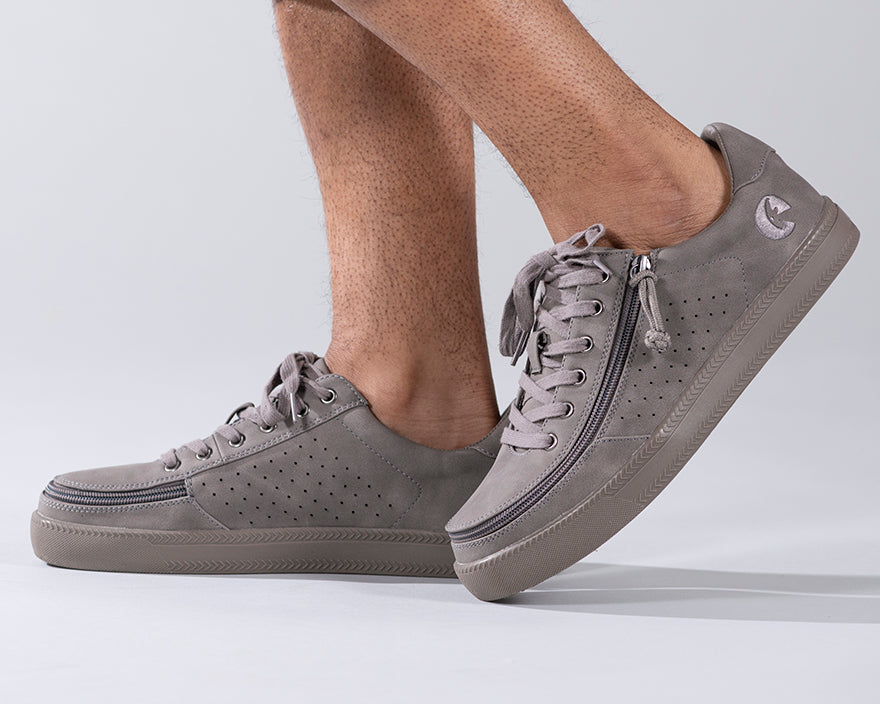 Men's Charcoal to the Floor BILLY Low Sneakers, zipper shoes, like velcro, that are adaptive, accessible, inclusive and use universal design to accommodate an afo. Footwear is medium and wide width, M, D and EEE, are comfortable, and come in toddler, kids, mens, and womens sizing.