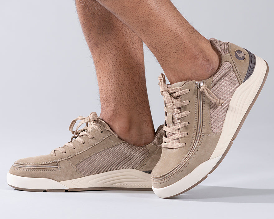 Men's Tan Suede/Mesh BILLY Comfort Classic Lows, zipper shoes, like velcro, that are adaptive, accessible, inclusive and use universal design to accommodate an afo. Footwear is medium and wide width, M, D and EEE, are comfortable, and come in toddler, kids, mens, and womens sizing.