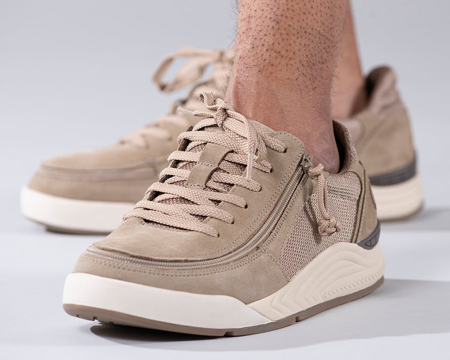 Men's Tan Suede/Mesh BILLY Comfort Classic Lows, zipper shoes, like velcro, that are adaptive, accessible, inclusive and use universal design to accommodate an afo. Footwear is medium and wide width, M, D and EEE, are comfortable, and come in toddler, kids, mens, and womens sizing.