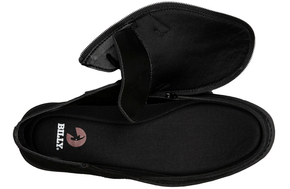 Men's Black BILLY Chukkas, zipper shoes, like velcro, that are adaptive, accessible, inclusive and use universal design to accommodate an afo. Footwear is medium and wide width, M, D and EEE, are comfortable, and come in toddler, kids, mens, and womens sizing.
