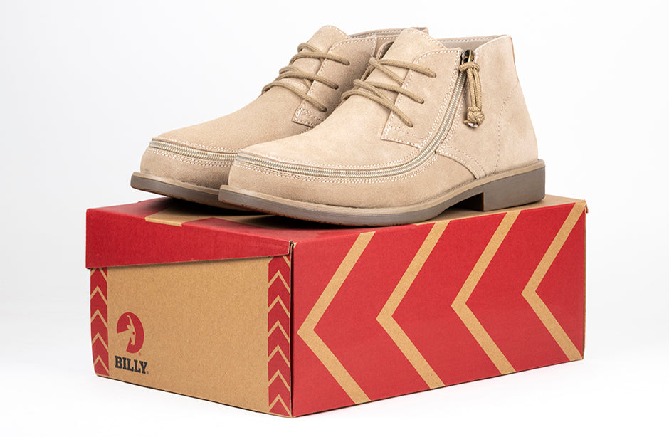 Men's Tan BILLY Chukkas, zipper shoes, like velcro, that are adaptive, accessible, inclusive and use universal design to accommodate an afo. Footwear is medium and wide width, M, D and EEE, are comfortable, and come in toddler, kids, mens, and womens sizing.