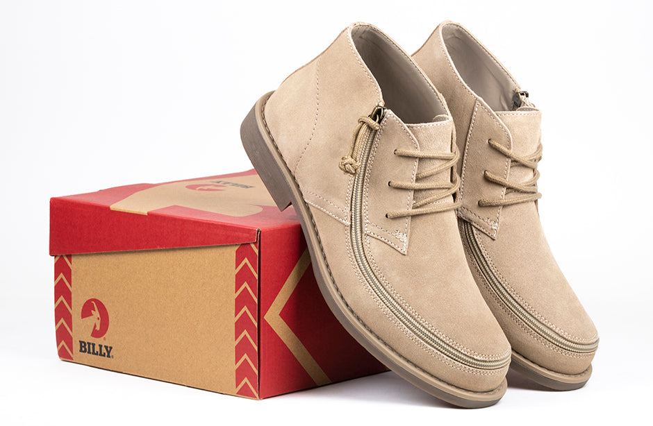 Men's Tan BILLY Chukkas, zipper shoes, like velcro, that are adaptive, accessible, inclusive and use universal design to accommodate an afo. Footwear is medium and wide width, M, D and EEE, are comfortable, and come in toddler, kids, mens, and womens sizing.