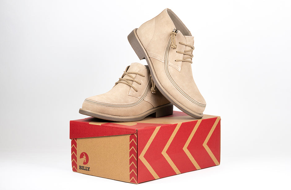 Men's Tan BILLY Chukkas, zipper shoes, like velcro, that are adaptive, accessible, inclusive and use universal design to accommodate an afo. Footwear is medium and wide width, M, D and EEE, are comfortable, and come in toddler, kids, mens, and womens sizing.