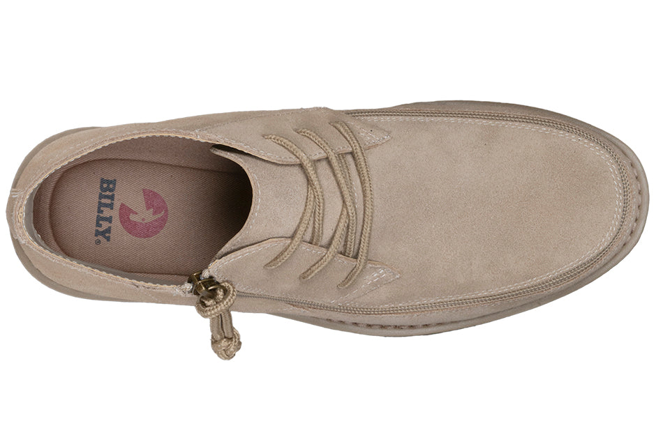 Men's Tan BILLY Chukkas, zipper shoes, like velcro, that are adaptive, accessible, inclusive and use universal design to accommodate an afo. Footwear is medium and wide width, M, D and EEE, are comfortable, and come in toddler, kids, mens, and womens sizing.