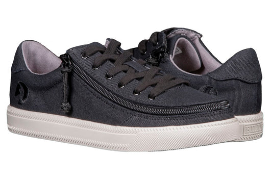 Women's Black BILLY Classic Lace Lows, zipper shoes, like velcro, that are adaptive, accessible, inclusive and use universal design to accommodate an afo. Footwear is medium and wide width, M, D and EEE, are comfortable, and come in toddler, kids, mens, and womens sizing.
