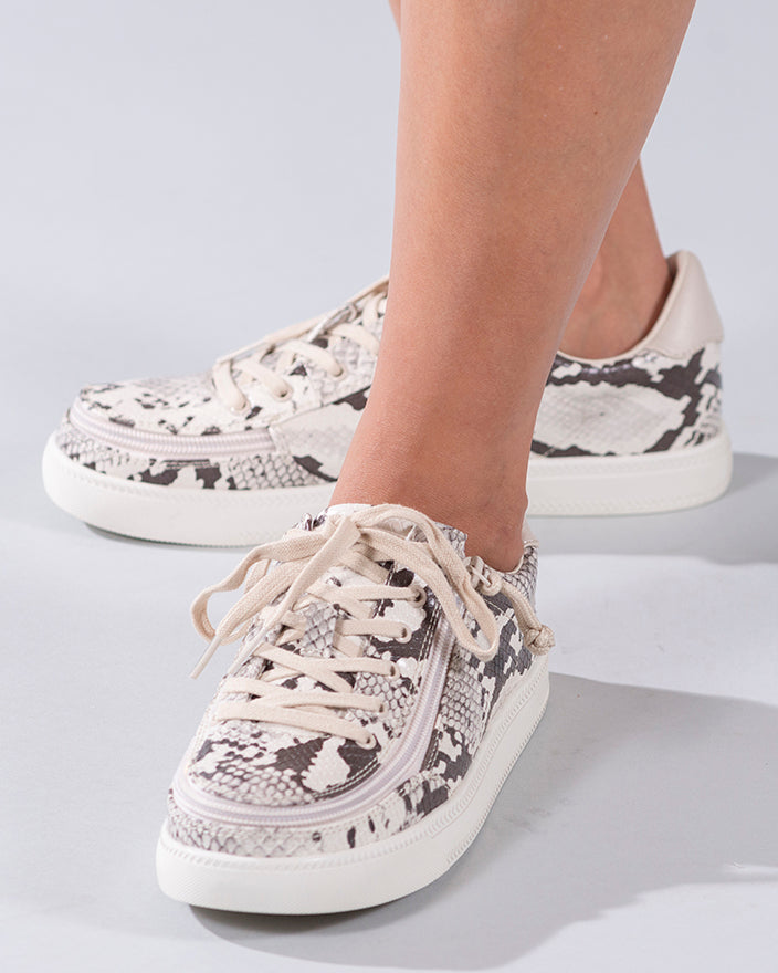 Women's Snake BILLY Classic Lace Lows, zipper shoes, like velcro, that are adaptive, accessible, inclusive and use universal design to accommodate an afo. Footwear is medium and wide width, M, D and EEE, are comfortable, and come in toddler, kids, mens, and womens sizing.