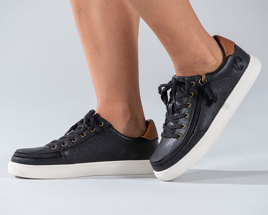 Women's Black (Brown Mustache) BILLY Low Sneakers, zipper shoes, like velcro, that are adaptive, accessible, inclusive and use universal design to accommodate an afo. Footwear is medium and wide width, M, D and EEE, are comfortable, and come in toddler, kids, mens, and womens sizing.