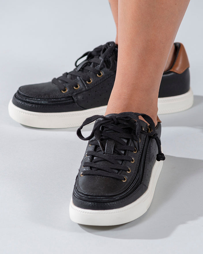 Women's Black (Brown Mustache) BILLY Low Sneakers, zipper shoes, like velcro, that are adaptive, accessible, inclusive and use universal design to accommodate an afo. Footwear is medium and wide width, M, D and EEE, are comfortable, and come in toddler, kids, mens, and womens sizing.